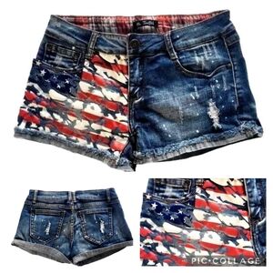 Stars and Stripes Denim Shorts 7 American Flag Waist 31" Distressed